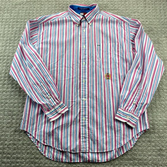Vintage 90s Tommy Hilfiger Shirt Adult Large L Pink White Stripe Button Up Men - Picture 1 of 12